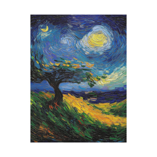 Van Gogh-Inspired Starry Night Landscape – Textured Impressionist Canvas Print