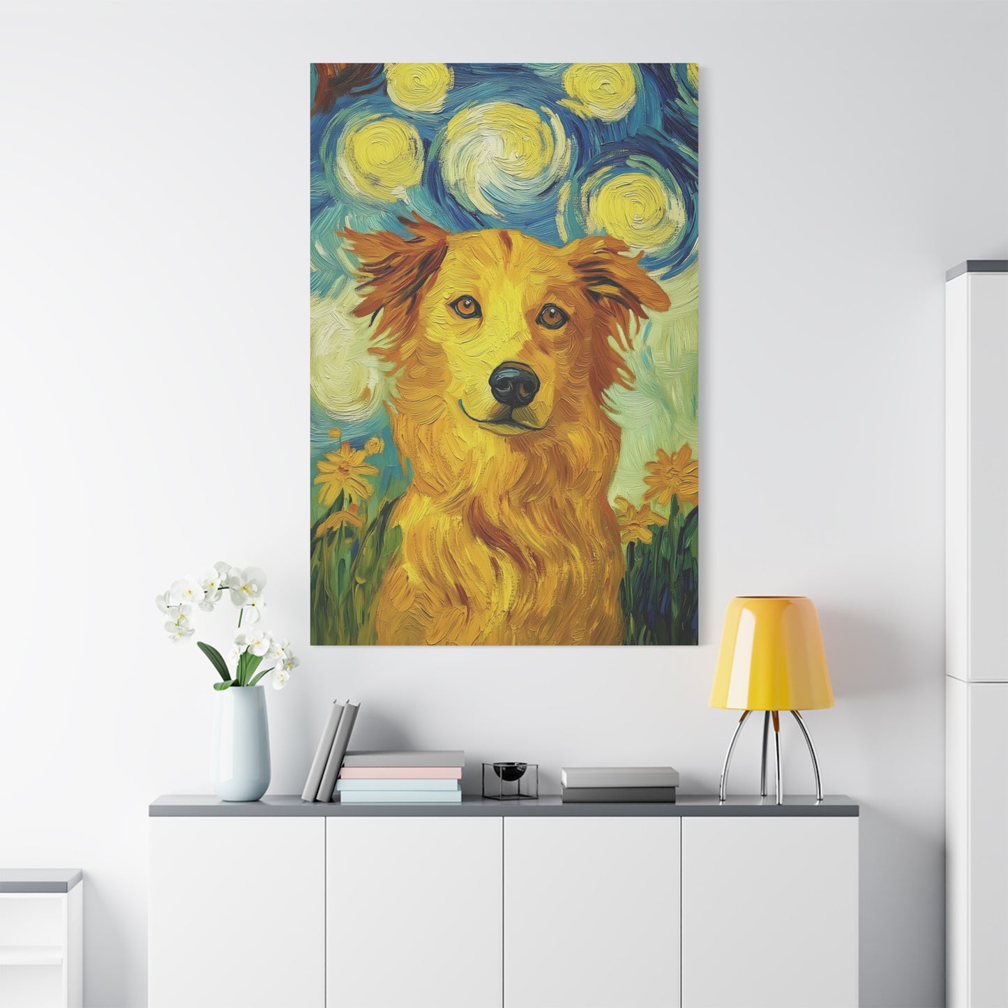 Van Gogh-Inspired Golden Retriever Canvas – Whimsical Impressionist Dog Art