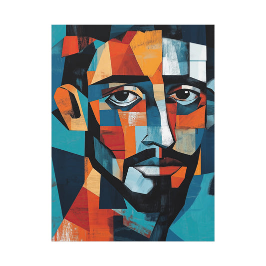 Picasso-Inspired Cubist Portrait Canvas – Geometric Abstract Wall Art in Blue & Orange