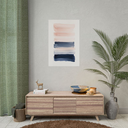 Japandi Minimalist Watercolor Art Print – Soft Blush & Deep Navy Poster (20010)